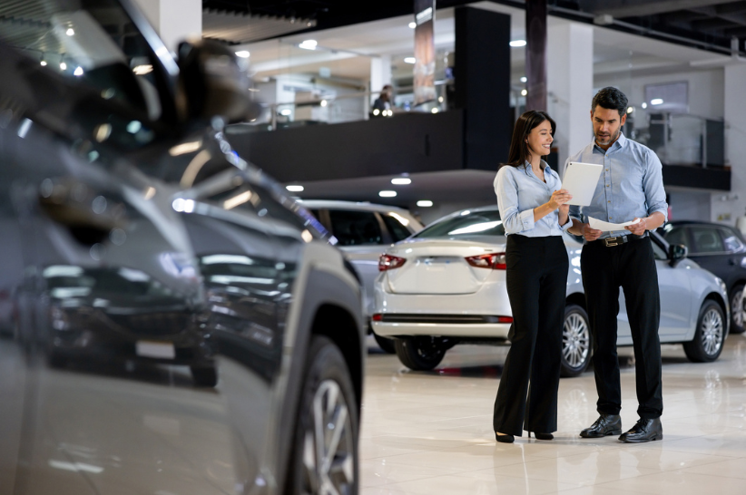 Man and woman talking in a car dealership.